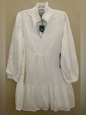 Tuckernuck White Swiss Dot Palmerston Dress Ruffle Neck Tiered Mini NWT Size L